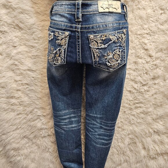 Miss Me Women's Blue Embroidery Distressed Mid Rise Ankle Skinny Jeans Size 26 - Picture 1 of 12